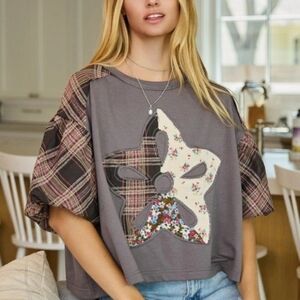 Floral Patchwork Plaid Sleeve Blouse